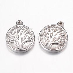 304 Stainless Steel Charms, Flat Round with Tree of Life, Stainless Steel Color, 15.5x13x3mm, Hole: 1mm(STAS-G071-15P)
