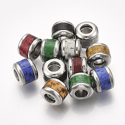 304 Stainless Steel European Beads, with Fiber, Large Hole Beads, Column with Basket Weave Pattern, Stainless Steel Color, Mixed Color, 10x8mm, Hole: 5mm(STAS-S079-99-P)