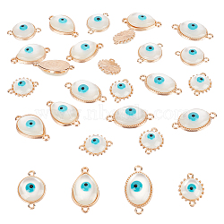 32Pcs 4 Styles Evil Eye Alloy Enamel Connector Charms, Imitation Cat Eye, Flat Round & Oval & Teardrop & Flower, Turquoise, Light Gold, 15~15.5x19~28x5.5~6.5mm, Hole: 1.6~2mm, 8pcs/style(ENAM-NB0001-95)