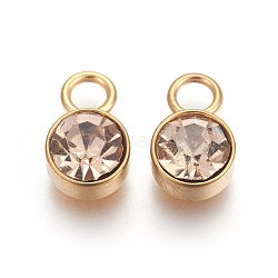 Glass Rhinestone Charms, November Birthstone Charms, with Golden Tone 201 Stainless Steel Findings, Flat Round, Lt.Col.Topaz, 10x6x4mm, Hole: 2.3mm(X-STAS-F189-B10)