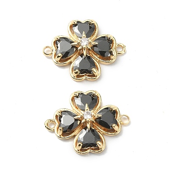 Brass Pave Clear Cubic Zirconia Connector Charms, Clover Links, Real 18K Gold Plated, Black, 18.5x6x6mm, Hole: 1.5mm
