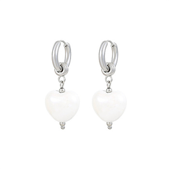 304 Stainless Steel Dangle Hoop Earrings, with Imitation Pearl Heart Charms, Stainless Steel Color, Heart: 17x15mm