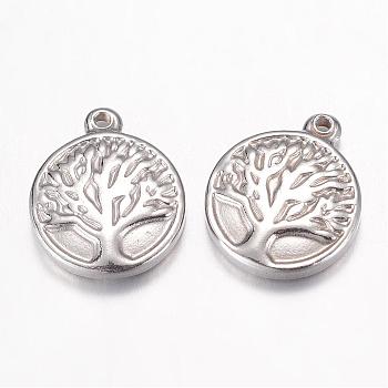 304 Stainless Steel Charms, Flat Round with Tree of Life, Stainless Steel Color, 15.5x13x3mm, Hole: 1mm