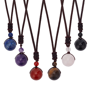 6Pcs 6 Style Gemstone Pendant Necklaces, Nylon Cord Necklaces for Women, Round, 27.55 inch(70cm), 1pc/style