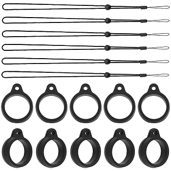 36Pcs Silicone Rings with 6Pcs Polyester Necklace Lanyard Anti-Loss Pendant Holder, for Pen, Phone, Badge Holder, Black, Inner Diameter: 1.3cm