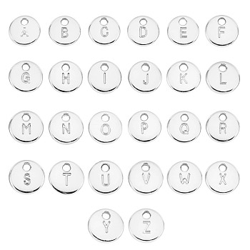 26Pcs Alloy Pendants, Flat Round with Letter A~Z, Silver, 10mm