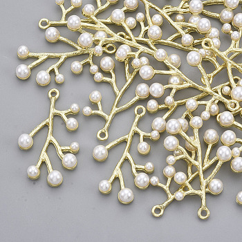 Alloy Pendants, with ABS Plastic Imitation Pearl, Branches, Light Gold, 37x22x6mm, Hole: 1.8mm