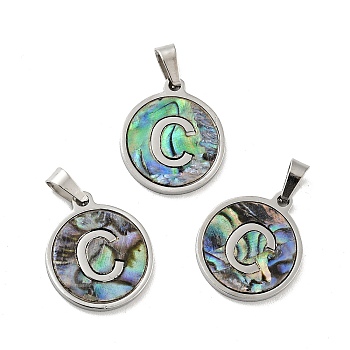 304 Stainless Steel with Paua Shell Pendants, Stainless Steel Color, Flat Round with Letter Charm, Letter.C, 18x16x1.5mm, Hole: 3x6mm