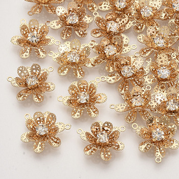 Brass Filigree Pendants, with Crystal Rhinestone, 3D Flower, Light Gold, 15x16x5.5mm, Hole: 1mm