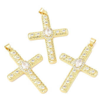 Rack Plating Brass Micro Pave Cubic Zirconia Pendants, Long-Lasting Plated, Lead Free & Cadmium Free, Cross, Real 18K Gold Plated, 39.5x27.5x4.5mm, Hole: 4x3.5mm