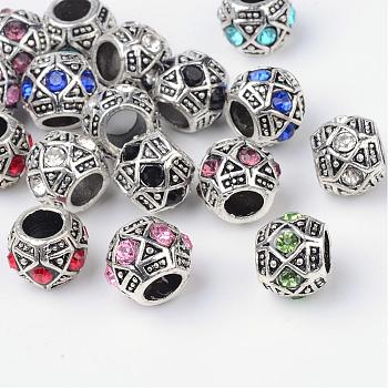 Alloy Rhinestone Rondelle Large Hole European Beads, Antique Silver, Mixed Color, 11x9mm, Hole: 5mm