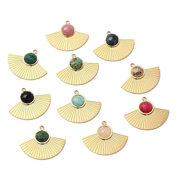 Ion Plating(IP) 316 Stainless Steel Pendants, Natural & Synthetic Mixed Gemstone Fan Charms, Faceted, Real 24K Gold Plated, 19x24x4mm, Hole: 1.6mm