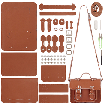 DIY Imitation Leather Satchel Making Kits, including Fabrics, Adjustable Shoulder Straps, Threads, Needles, Scissor, Screwdriver, Buckles, Chocolate