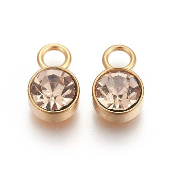Glass Rhinestone Charms, November Birthstone Charms, with Golden Tone 201 Stainless Steel Findings, Flat Round, Lt.Col.Topaz, 10x6x4mm, Hole: 2.3mm