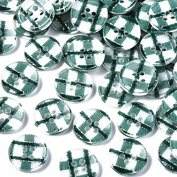 Resin Buttons, 4-Hole, Flat Round with Tartan Pattern, Sea Green, 13x2.5mm, Hole: 1.6mm, about 1000pcs/bag