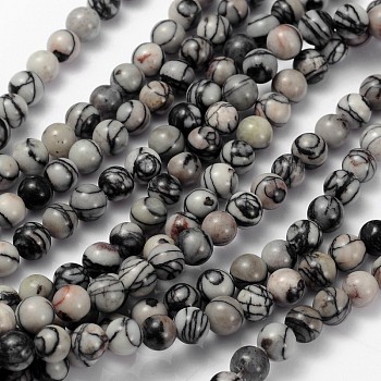 Gemstone Beads Strands, Black Silk Stone/Netstone, Round, Bead: about 6mm in diameter, hole: 0.8mm, about 15 inch, 65pcs/strand