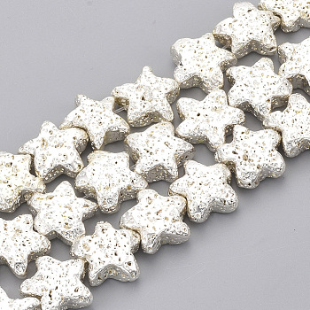 Electroplated Natural Lava Rock Beads Strands, Bumpy, Star, Silver Plated, 12.5~13x13~14x5mm, Hole: 1mm, about 30pcs/strand, 13.3 inch