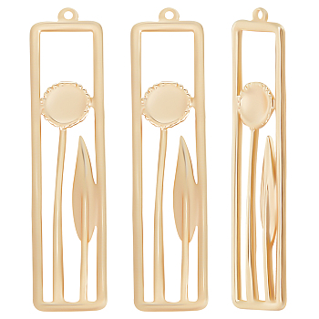 14Pcs Brass Pendants, Nickel Free, Rectangle with Flower & Leaf, Real 18K Gold Plated, 31x7.5x1.5mm, Hole: 0.8mm