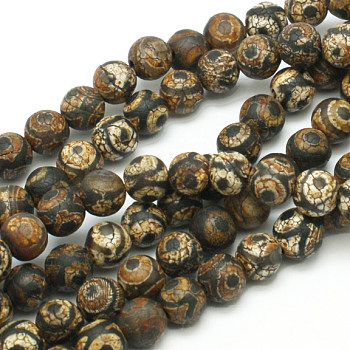 Tibetan Style 3-Eye dZi Beads, Natural Agate Bead Strands, Round, Dyed & Heated, Brown, 8mm, Hole: 1mm, about 23pcs/strand, 7.5 inch