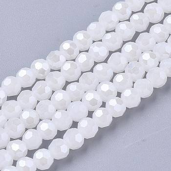 Electroplate Glass Beads Strands, Pearl Luster Plated, Imitation Jade, Faceted, Round, White, 4mm, Hole: 0.5mm, about 100pcs/strand, 14.2 inch