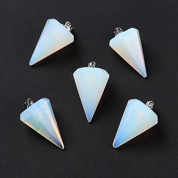 Opalite Pendants, with Platinum Tone Brass Findings, Faceted Cone, 25~28x15~16x13~14mm, Hole: 2x6mm