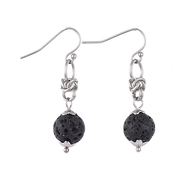 Natural Lava Rock Dangle Earrings, with 304 Stainless Steel Flower Bead Caps and 316 Surgical Stainless Steel Earring Hooks, 39mm, Pin: 0.6mm