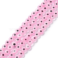 Handmade Evil Eye Lampwork Flat Round Bead Strands, Pink, 6x3mm, Hole: 1mm, about 65pcs/strand, 14 inch(X-LAMP-L058-6mm-15)