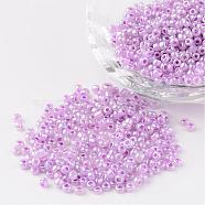 8/0 Ceylon Round Glass Seed Beads, Plum, Size: about 3mm in diameter, hole:1mm, about 1101pcs/50g(X-SEED-A011-3mm-150)