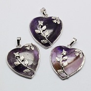 Heart Natural Amethyst Pendants, with Platinum Plated Brass Pendant Settings, 36x31~33mm, Hole: 6mm(GP356-4)
