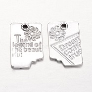 Rectangle Alloy Pendants, with Word The Legend of the Beautiful, Matte Silver, 22x14x2mm, Hole: 2mm(PALLOY-I115-21MS-AAA)