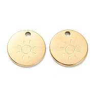 304 Stainless Steel Charms, Flat Round with Sun, Real 18K Gold Plated, 11.5x1mm, Hole: 1.5mm(STAS-P280-09G)