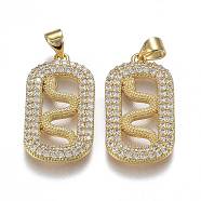 Brass Micro Pave Clear Cubic Zirconia Pendants, with Snap on Bails, Long-Lasting Plated, Oval with Snake, Real 18K Gold Plated, 25.5x14x2.5mm, Hole: 5.5mm(ZIRC-A011-40G)