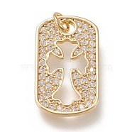 Brass Micro Pave Clear Cubic  Zirconia Pendants, with Jump Rings, Rectangle with Cross, Real 18K Gold Plated, 23x13.5x2mm, Jump Ring: 5x1mm, 3mm Inner Diameter(X-ZIRC-L099-006G)