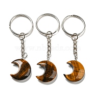 Reiki Natural Tiger Eye Moon Pendant Keychains, with Iron Keychain Rings, 7.8cm(KEYC-P015-01P-09)