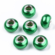 Imitation Pearl Style Resin European Beads, Large Hole Rondelle Beads, with Silver Tone Brass Double Cores, Green, 14x9mm, Hole: 5mm(RPDL-T003-001E)