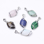 Natural & Synthetic Mixed Stone Pendants, with Brass Findings, Horse Eye, Platinum, 38x17x7mm, Hole: 3x4mm(G-E423-P)