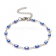 Enamel Horse Eye Link Chains Bracelet, 304 Stainless Steel Jewelry for Women, Stainless Steel Color, Blue, 6-3/4 inch(17.1cm)(BJEW-P271-05P-01)