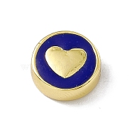 Brass Enamel Beads, Long-Lasting Plated, Cadmium Free & Lead Free, Real 18K Gold Plated, Flat Round with Heart, Blue, 11x4.5mm, Hole: 1.8mm(KK-F814-06G-03)