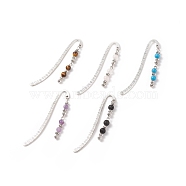 Tibetan Style Alloy Bookmarks/Hairpins, Pendant Book Markers, with Gemstone Round Beads, 83x14x1.5mm(AJEW-JK00190)