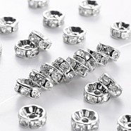 Middle East Rhinestone Spacer Beads, Clear, Brass, Platinum Metal Color, Nickel Free, Size: about 8mm in diameter, 3.8mm thick, hole: 1.5mm(RSB038NF-01K)