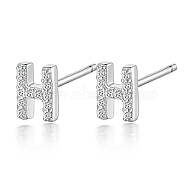 Rhodium Plated 925 Sterling Silver Initial Letter Stud Earrings, with Cubic Zirconia, Platinum, Letter H, 5x5mm(HI8885-08)
