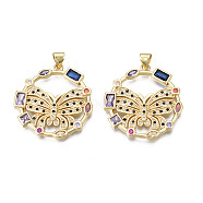 Brass Micro Pave Cubic Zirconia Pendants, with Brass Snap on Bails, Nickel Free, Real 18K Gold Plated, Ring with Butterfly, Colorful, 29x28x3mm, Hole: 3x5mm(X-ZIRC-N039-219)