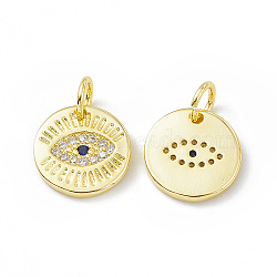 Rack Plating Brass Micro Pave Cubic Zirconia Charms, Long-Lasting Plated, Lead Free & Cadmium Free, with Jump Ring, Flat Round with Evil Eye Charm, Real 18K Gold Plated, 11x11x2mm, Hole: 3mm(KK-B065-01G)