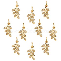Plating Brass Micro Pave Clear Cubic Zirconia Pendant, with Jump Ring, Long-Lasting Plated, Leaf, Golden, 14x8x2mm, Jump Ring: 5x0.9mm, 3mm Inner Diameter(KK-SZ0001-92)