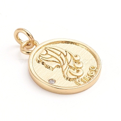 Brass Micro Pave Cubic Zirconia Pendants, with Jump Ring, Flat Round with Twelve Constellations, Clear, Golden, Virgo, 18x14.5x1.5mm, Hole: 3mm(ZIRC-E164-34A-G)