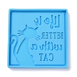 DIY Pendant Silicone Molds, Resin Casting Molds, For UV Resin, Epoxy Resin Jewelry Making, Square with Cat Pattern & Word, Deep Sky Blue, 85x85x7mm, Inner Diameter: 81x81mm(DIY-H154-05C)