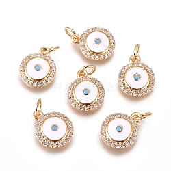 Brass Charms, with Micro Pave Cubic Zirconia, Enamel and Jump Rings, Flat Round with Evil Eye, Clear, Golden, 12.5x10x3mm, Hole: 3mm(ZIRC-L070-86G)