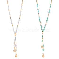 ANATTASOUL 2Pcs 2 Colors Glass Beaded Lariat Necklaces Set with Alloy Coreana Chain, Flat Round Pendants Slider Necklaces for Women, Mixed Color, 18.11 inch(46cm), 1Pc/color(NJEW-AN0001-05)