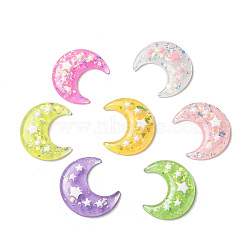 Translucent Resin Cabochons, Moon with Star Paillette, Mixed Color, 36x32.5x6mm(CRES-M014-16)