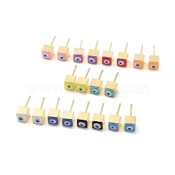 Long-Lasting Plated Cube with Enamel Evil Eye Stud Earring, Real 18K Gold Plated Brass Jewelry for Women, Mixed Color, 6x6mm, Pin: 0.8mm(EJEW-E272-01G)